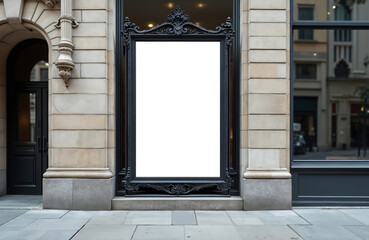 Fototapeta premium Blank white billboard on ornate black frame affixed to classic building exterior. Empty advertisement space in busy city street near retail store entrance and window.
