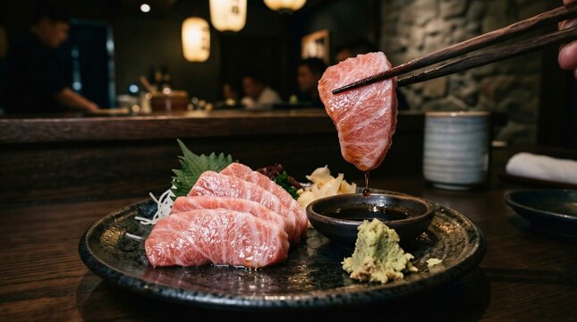 Premium Otoro Tuna Sashimi Dipped in Soy Sauce with Wasabi at an Authentic Japanese Restaurant