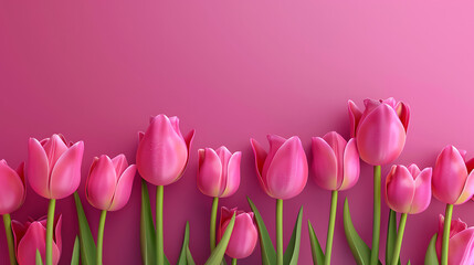 Fototapeta premium Blooming pink tulips on magenta background with large top copy space for Mother's Day and wedding invitations.