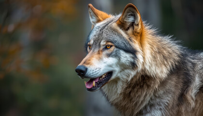 Fototapeta premium Gray wolf portrait amber eyes fur detail forest background calm expression