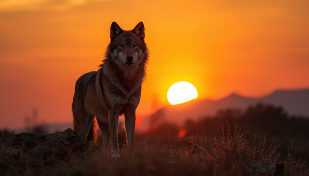 Wolf standing proud at sunset glowing sky with warm orange light