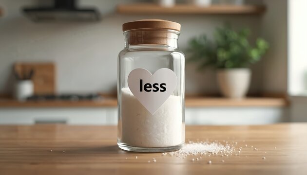 Glass salt shaker with heart label saying less. Kitchen counter with wooden surface. Diet and health concept. Reduce sodium intake. Food ingredient for cooking.