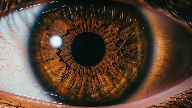 Human eye close-up. Brown eye with black pupil. Detailed iris texture. Eye anatomy. Human vision. Eye structure. Detailed eye image. Brown iris. Eye health.