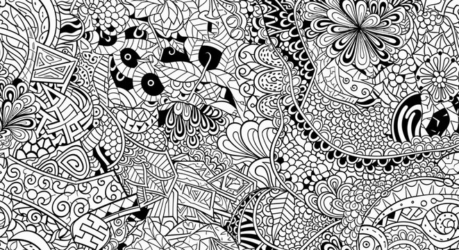 Detailed Black and White Doodle Pattern. Intricate Hand-Drawn Abstract Zentangle Style Seamless Background Texture.