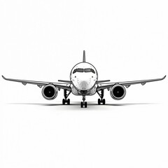 Fototapeta premium Modern jet airplane front view. White passenger aircraft with large wings and engines. Commercial airliner ready for takeoff or landing on runway. Aviation transport symbol.