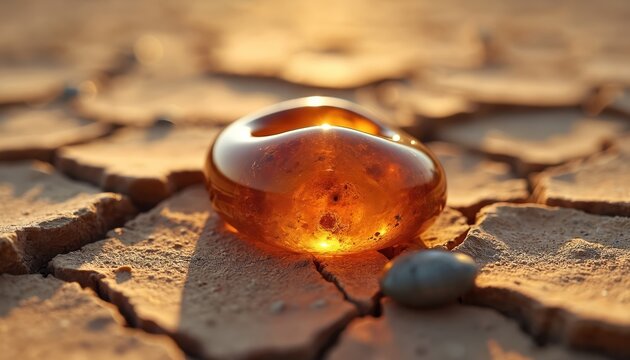 Amber stone rests on cracked dry earth. Sun shines through gem, casting warm light. Small pebble sits nearby on arid ground. Stone reflects golden hour.