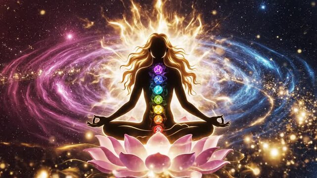 Sacred meditation animation of a glowing human silhouette floating slightly above a radiant lotus flower seated in lotus position aura light expanding rhythmically chakra energy spheres shining along 