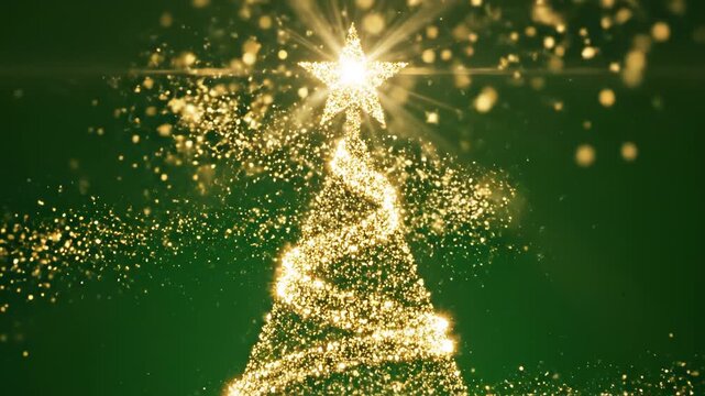 Golden Christmas tree with star on green background