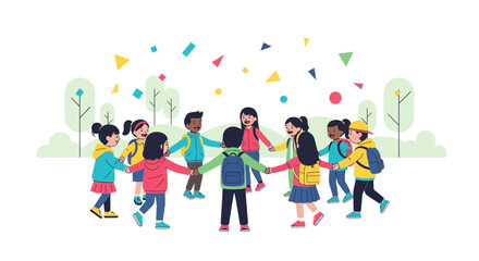 Fototapeta premium Diverse Children Holding Hands In A Circle With Confetti Falling