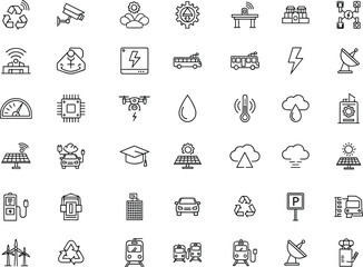 Fototapeta premium Smart energy technology line icons renewable power electric transport eco system network automation industry vector outline collection design set