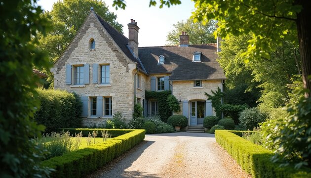 Stone country house with grey shutters, manicured hedges, and gravel driveway. Lush green trees surround this elegant home. Its charming facade invites peaceful living and serene retreats.