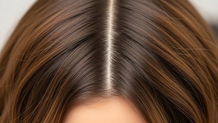 Fototapeta premium Close up of a womans brown hair parting with a clean scalp and healthy hair strands.