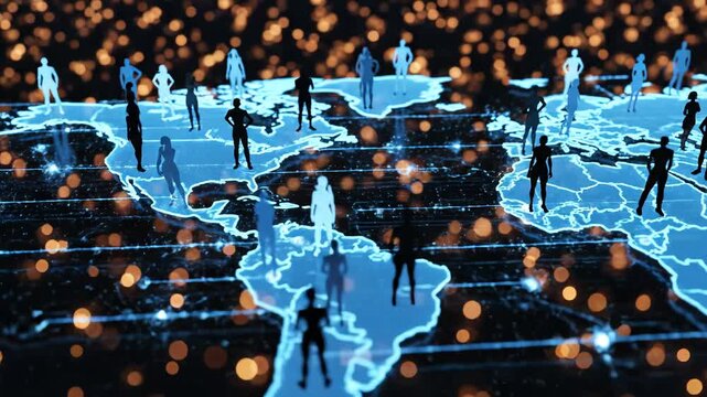 Global network of human figures on map