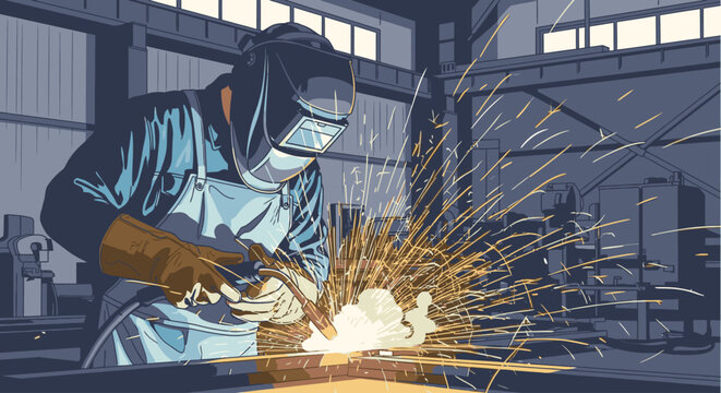 A welder in protective gear welding metal in a workshop with sparks flying everywhere, wearing a blue uniform and safety mask.