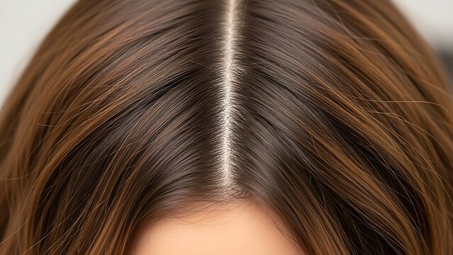 Close up of a womans brown hair parting with a clean scalp and healthy hair strands.