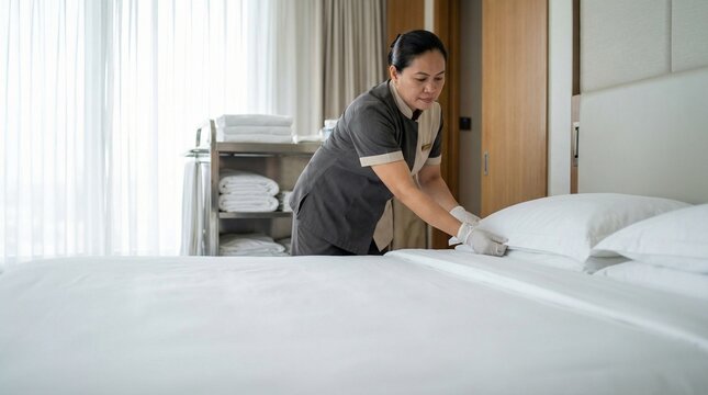 Professional cleaner arranging white linens in room. Female hospitality worker changing white bedding in bedroom.