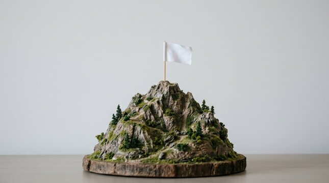 Miniature Mountain Model with Blank Flag at the Summit on Wooden Base Over Simple Background