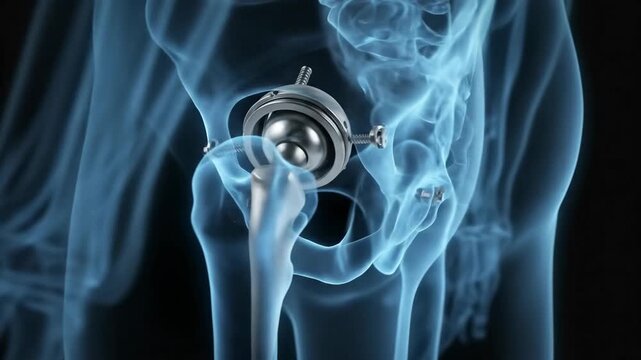 > 3D animation of total hip replacement concept: glowing x-ray pelvis with metallic artificial joint implant. Generative AI