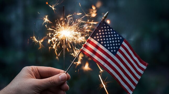 Hand holding burning sparkler and small American flag at night