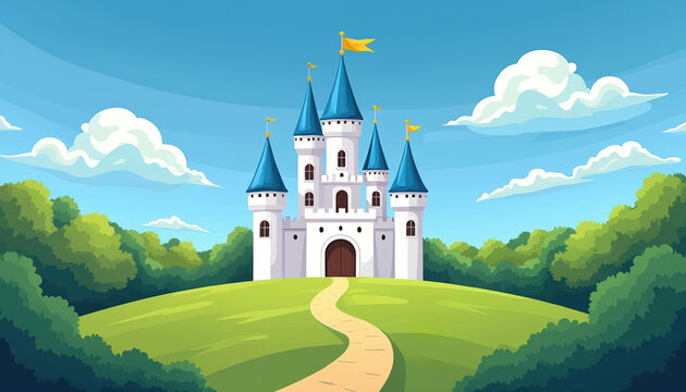 Fairytale castle sits on green hill under blue sky with clouds. Winding path leads to white structure with blue roofs and yellow flags. Lush trees surround hill.