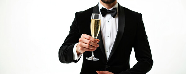 Fototapeta premium Man in black tuxedo holds champagne flute, celebrating New Year Eve. Festive mood, formal wear, sparkling drink cheers special event. Party atmosphere, elegant style, celebratory moment.