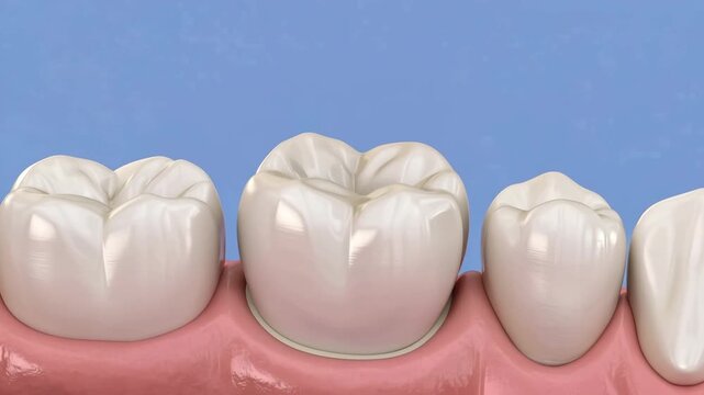 3D animation concept of a ceramic dental crown placement onto a prepared tooth. Generative AI medical illustration.