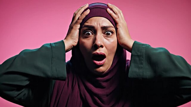 Woman in headscarf expresses shock and disbelief with hands on head