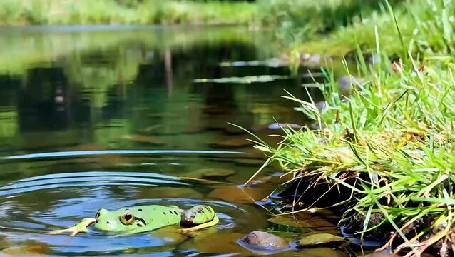 Frog Jumping into Creek from the Riverbank in Nature