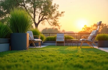 Fototapeta premium Rooftop terrace garden with chairs and table. Artificial grass lawn provides comfortable seating space for relaxation. Enjoy sunset city views.