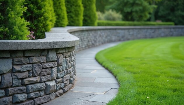 Stone retaining wall curves along manicured lawn. Paved walkway beside green grass and manicured hedges. Lush garden path curves around stone barrier.