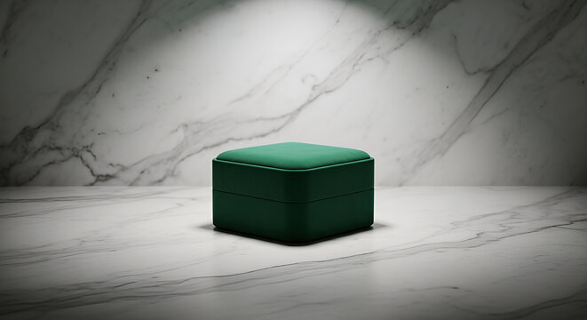 Elegant dark green velvet box on white marble for product display