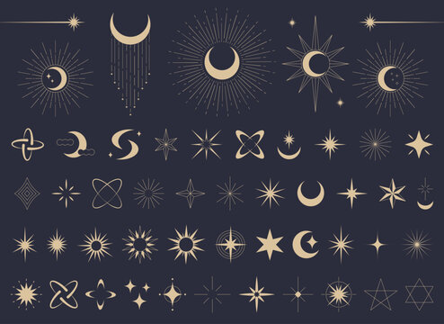 神秘的な月と星のアイコンセット、占星術やタロット風のエスニックなミスティカルベクターイラスト