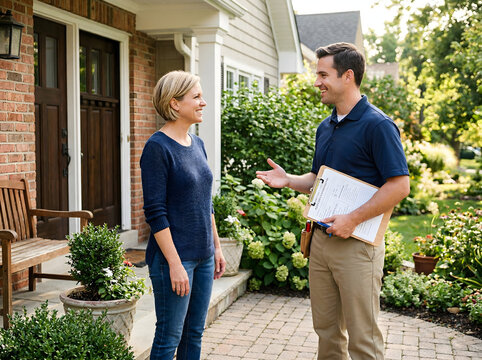 Homeowner talking with pest control professional holding clipboard, consultation concept, friendly interaction