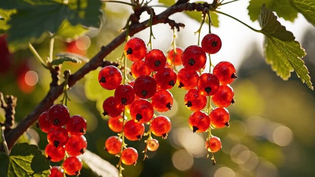 Bright red currants hanging in clusters on a sunny branch