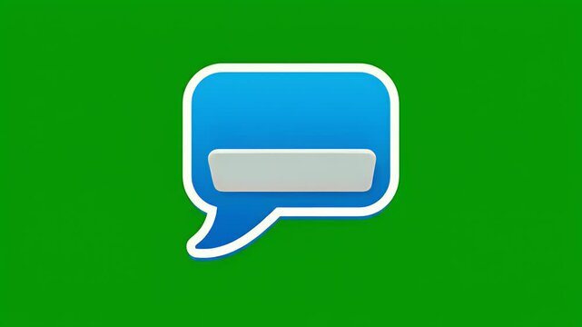 A blue speech bubble with a white border on a green background