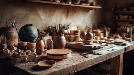 Fototapeta premium Pottery workshop with clay objects.