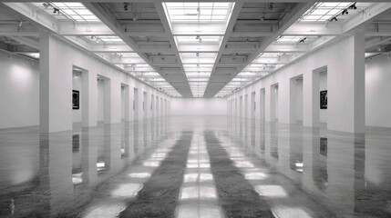 Naklejka premium Gallery space and cultural investment an empty modern art gallery hallway with polished concrete floor and white walls representing a museum exhibition space for art shows and events The long clean.