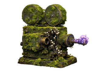 Fototapeta premium Vintage movie camera overgrown with moss and glowing mushrooms