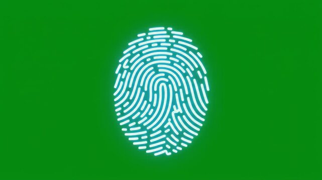 A glowing white fingerprint symbol is centered on a vibrant green background