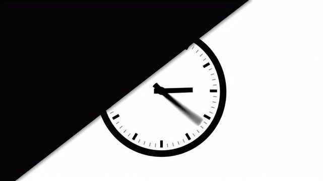 Minimalist clock face split between black and white background
