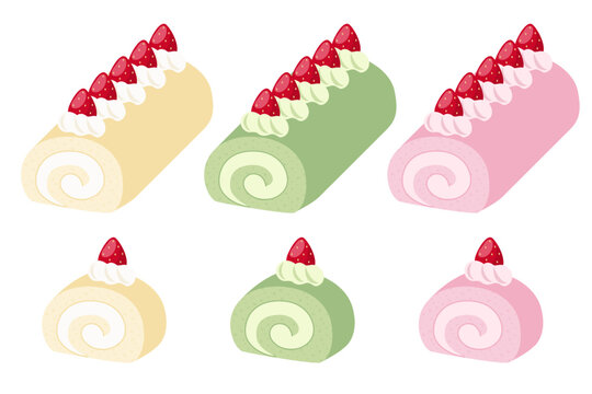 いちごトッピングのロールケーキイラストセット プレーン・抹茶・いちご味の全体とカット断面が入ったスイーツ向けベクター素材
