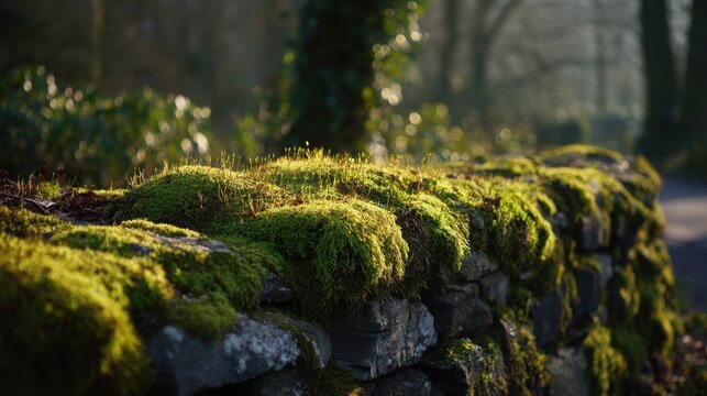 Lush green moss colonizing a weathered stone wall in dappled sunlight, showcasing natural growth and textures