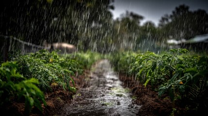 Fototapeta premium Tomato plants flourishing under a heavy rain shower, glistening with water drops in a lush field