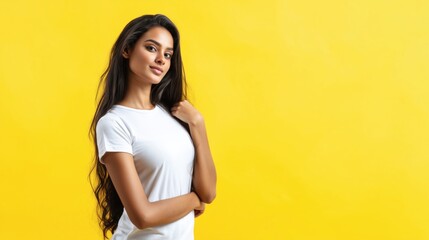 Obraz premium Body positivity and self-esteem a confident woman poses in a studio setting against a vibrant yellow background.