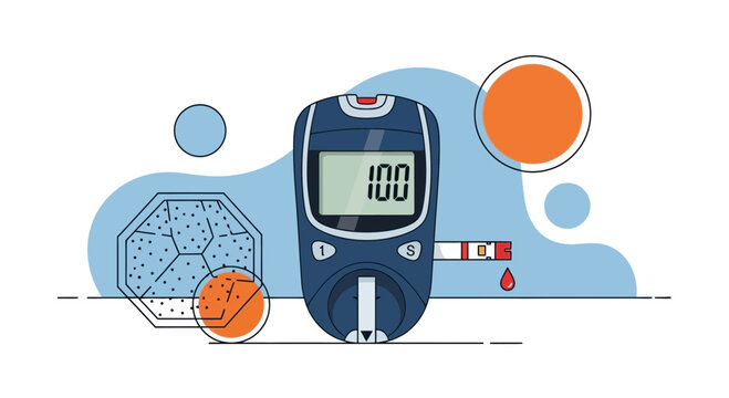 Blood glucose meter with test strip and blood drop, diabetes monitoring concept