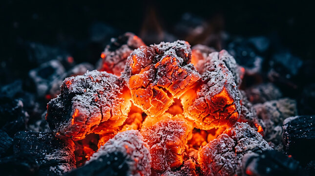 Vividly Burning Red-Orange Charcoal Briquettes Radiating Intense Heat and Light in a Dark Setting