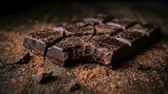 Delicious Dark Chocolate Bar Broken on Rustic Wood with Cocoa Powder.