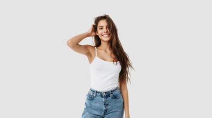 Obraz premium Body positivity and self-love a portrait of a smiling brunette woman in casual clothes posing confidently on a white background.