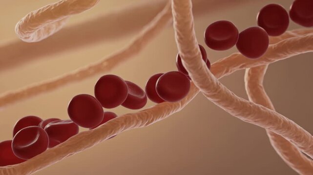 3D Render of Red Blood Cells Flowing Through Organic Network