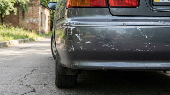 Close-up of black car bumper with extensive scratches and paint scuffs along curb, conveying vehicle damage, wear, minor collision, roadside parking impact and need for repair or insurance claim